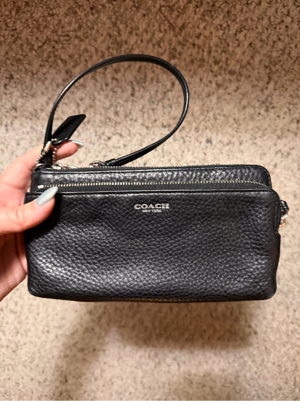 Coach Black Pebbled Leather Double-Zip Wristlet